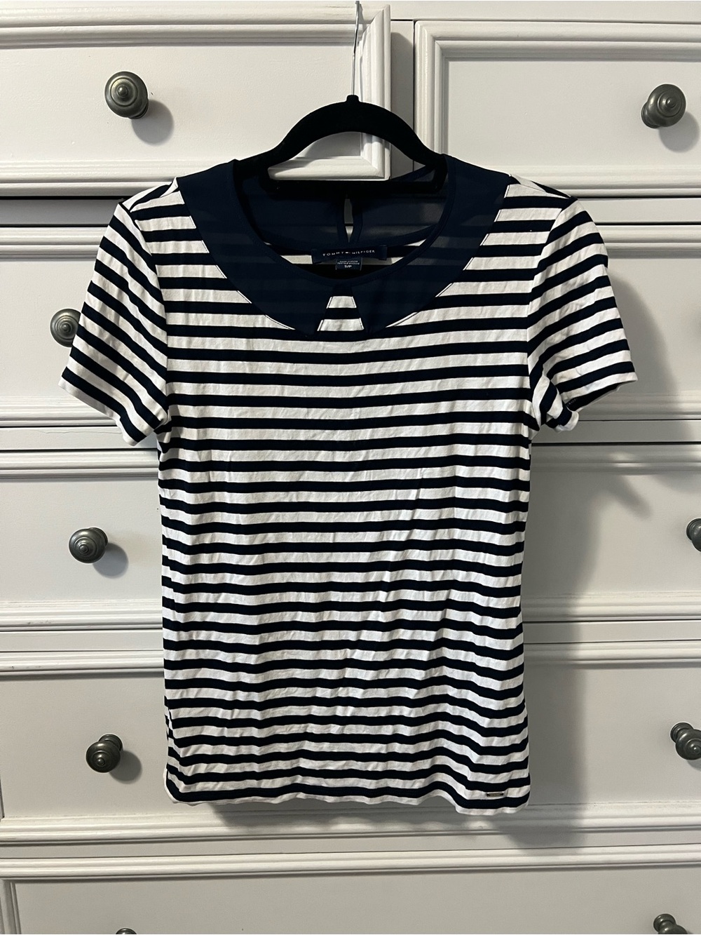 Tommy Hilfiger Navy and White Striped Short-Sleeve Tee with Contrast Collar